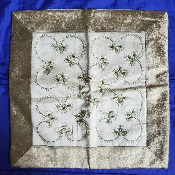 NOS Vtg Silk PillowCover 16x16" Import Embroidered Beaded Sage Jacquard Eclectic - Picture 1 of 10